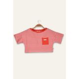 Kız Çocuk Çizgili Çep Detaylı Crop T-Shirt - Coral Çizgili - 13 - 14 Yaş