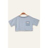 Kız Çocuk Çizgili Çep Detaylı Crop T-Shirt - Mavi Çizgili - 5 - 6 Yaş