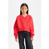 Kız Çocuk Crop V Yaka Basic Düz Sweatshirt