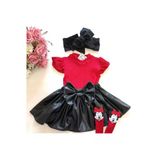 Kız Çocuk, Deri Fiyonklu Etek, Omuzları Fırfırlı Badi, Mikili Çorap, Siyah Bandana Takım, Set