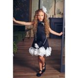 Kız Çocuk Dik Yaka İnci Detaylı Sıfır Kol Eteği 3D Gül İşlemeli Slim Kesim Siyah Elbise 2250605021 - 4 - 5 Yaş
