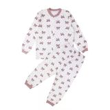 Kız Çocuk Ekru Gül Kurusu Fiyonk Baskılı Çıtçıtlı Pijama