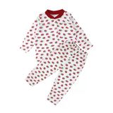 Kız Çocuk Ekru Kırmızı Çilek Baskılı Çıtçıtlı Pijama Takımı