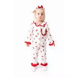 Kız Çocuk Ekru Kırmızı Lale Desenli Fırfırlı Bandanalı Pijama Takımı