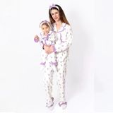 Kız Çocuk Ekru Mor Lale Desenli Fırfırlı Bandanalı Pijama Takımı