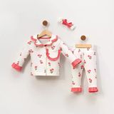 Kız Çocuk Ekru Pembe Lale Desenli Fırfırlı Bandanalı Pijama Takımı