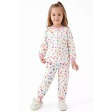 Kız Çocuk Ekru Pembe Renkli Kalpli Desenli Çıtçıtlı Pijama Takımı