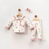 Kız Çocuk Ekru Pudra Lale Desenli Fırfırlı Bandanalı Pijama Takımı