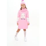 Kız Çocuk Elbise Gökkuşağı Üstünde Kedi Desenli Bere ve Atkılı 3'lü Takım - 8 - 9 Yaş - Şeker Pembe