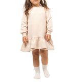 Kız Çocuk Elbise Uzun Kollu İnce Şardonlu Mevsimlik Pamuklu Elbise 1-6 Yaş (Bej, 3-4 Yaş)