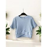 Kız Çocuk Fitilli Yarım Kol Crop T-Shirt - Mavi - 11 - 12 Yaş