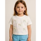 Kız Çocuk Fiyonk Işlemeli Pamuklu T-Shirt - Ekru - Mavi - 4 Yaş