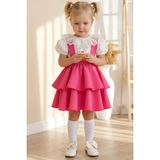 Kız Çocuk Helen Pembe Askılı Kat Kat Bağlama Jile Elbise Dantel Detay Ekru Kısa Kollu Bluz Takım TKM-0181.3 - Beyaz - Pembe - 24 - 36 Ay