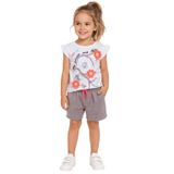 Kız Çocuk İkili Takım – Baskılı Beyaz T-Shirt & Gri Kırmızı Çizgili Şort (%100 Pamuk) (Beyaz - Gri, 18-24 Ay)