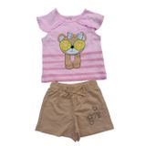Kız Çocuk İkili Takım Baskılı Pembe T-Shirt Bej Şortlu (Pembe-Bej, 9-12 Ay)