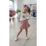 Kız Çocuk Kabarık Kollu Çiçek Nakışlı Bluz ve Deri Görünümlü Fırfırlı Etekli Takım - Ekru - Pudra - 5 - 6 Yaş