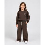 Kız Çocuk Kahverengi Çiçek Nakışlı Omuz Biyeli Sweatshirt ve Palazzo Eşofman Takımı - 7 - 8 Yaş