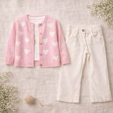 Kız Çocuk Kalp Desenli 3'lü Triko Hırka Sweat ve Pantolon Takım - 4 Yaş - Pembe