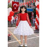 Kız Çocuk Kelebek Detaylı Kırmızı Üst Beyaz Tül Etek Takım Okul Bayram Etkinlik 5-13 Yaş