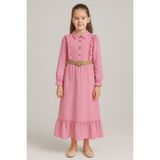 Kız Çocuk Kemerli Organik Müslin Elbise - Pembe - 10 - 11 Yaş