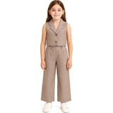 Kız Çocuk Keten Yelek ve Pantolonlu 2li Takım - Vizon - 10 Yaş