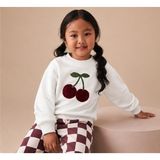 Kız Çocuk Kiraz Nakışlı Sweatshirt Bordo Ekose Bol Paça Pantolon 2'li Takım - 2 - 3 Yaş - 002-Krem