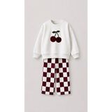 Kız Çocuk Kiraz Nakışlı Sweatshirt Bordo Ekose Bol Paça Pantolon 2'li Takım - 3 - 4 Yaş - 002-Krem