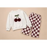 Kız Çocuk Kiraz Nakışlı Sweatshirt Bordo Ekose Bol Paça Pantolon 2'li Takım - 4 Yaş - 002-Krem