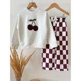 Kız Çocuk Kiraz Nakışlı Sweatshirt Bordo Ekose Bol Paça Pantolon 2'li Takım - 5 - 6 Yaş - 002-Krem