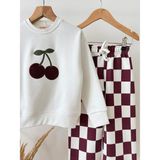 Kız Çocuk Kiraz Nakışlı Sweatshirt Bordo Ekose Bol Paça Pantolon 2'li Takım - 7 - 8 Yaş - 002-Krem
