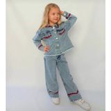 Kız Çocuk Kırmızı Nakış Detaylı Kot Ceket Pantolon Takım Takım Bayramlık - 4-5 Y - 00Mavi