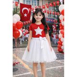 Kız Çocuk Kırmızı Yıldız Detaylı Tişört Beyaz Tül Etek Takım Okul Bayram Gösteri Kıyafeti 5-13 Yaş