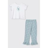 Kız Çocuk Kolları Fırfır Detaylı Kedi Desenli Beli Lastikli Mavi Pijama Takımı 3 Yaş (98 cm)