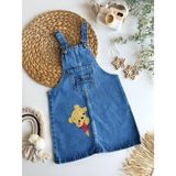 Kız Çocuk Kot Kumaş Winnie The Pooh Baskılı Ayarlanabilir Askı Cepli Salopet Denim Jile Elbise - Kot Mavi - 3 - 4 Yaş