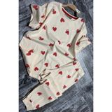 Kız Çocuk Küçük Sevimli Kalp Baskılı T-Shirt Krem Pijama Takımı 8-14 Yaş - 8 - 9 Yaş