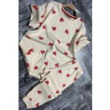 Kız Çocuk Küçük Sevimli Kalp Baskılı T-Shirt Krem Pijama Takımı 8-14 Yaş