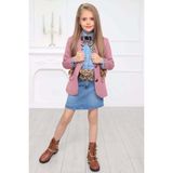 Kız Çocuk Leopar Desenli Fiyonk Detaylı Kot Gömlek Pudra Blazer Ceket Etekli Takım - Pembe - 3 - 4 Yaş