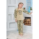Kız Çocuk Leopar Desenli Göz Bantlı Peluş Polar Pijama Takımı | Nefes Alabilen Kumaş, Terlemeyi Azaltır, Makinede Yıkanabilir, Her Mevsim Kullanım, Üst ve Alt Parça