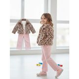 Kız Çocuk Leopar Desenli Peluş Kürk Ceketli 3'lü Kombin Takım - 4 Yaş - Pudra Pembe