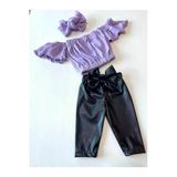 Kız Çocuk, Likralı Deri Fiyonk Detaylı Pantolon, Lila Straplez Crop Bluz Ve Saç Bandı Takımı.
