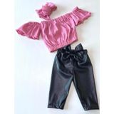 Kız Çocuk, Likralı Deri Fiyonk Detaylı Pantolon, Pembe Straplez Crop Bluz ve Saç Bandı Takımı.