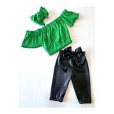 Kız Çocuk, Likralı Deri Fiyonk Detaylı Pantolon, Yeşil Straplez Crop Bluz Ve Saç Bandı Takımı.
