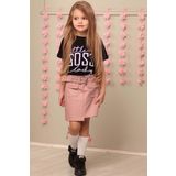 Kız Çocuk Little Boss Yazı Baskılı T-Shirt Cep Detaylı Kemerli Pudra Deri Etekli Takım