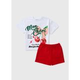 Kız Çocuk "mon Chéri" Yazı Baskılı Kiraz Temalı T-Shirt ve Şort Takım - 7 Yaş - Kırmızı