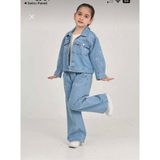 Kız Çocuk Nakışlı Fiyonk Detay Mavi Kot Pantolon ve Kot Ceket Takım Bayramlık - 5 - 6 Yaş - 00Mavi
