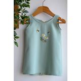 Kız Çocuk Nakışlı Keten Elbise - Mint Yeşili - 9 - 12 Ay