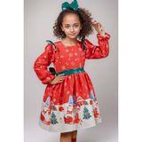 Kız Çocuk Omuzları Fırfırlı Geyik ve Kar Tanesi Baskılı Kırmızı Noel Elbise - 5 - 6 Yaş