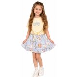 Kız Çocuk Önü Bağlamalı Bloom Softly Yazılı Kısa Kollu Tişört Çiçek Desenli Etek Takımı (Sarı, 4-5 Yaş)
