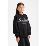 Kız Çocuk Oversize Fit Geniş Kalıp Bisiklet Yaka Baskılı Sweatshirt