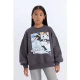Kız Çocuk Oversize Geniş Kalıp Bisiklet Yaka Baskılı Sweatshirt